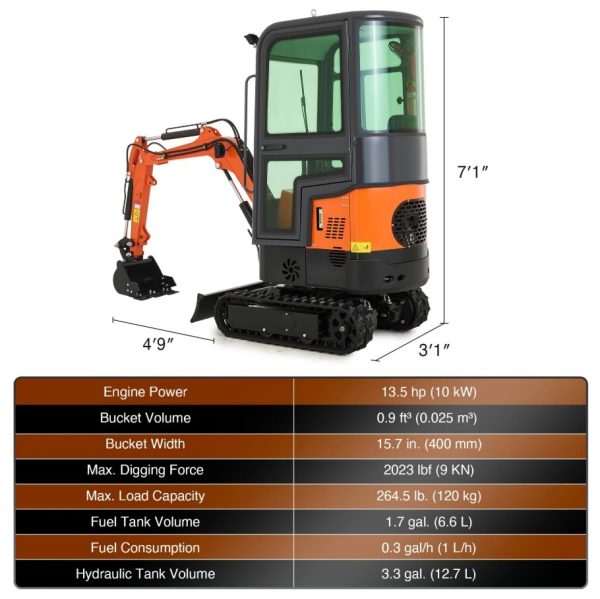 CREWORKS 13.5HP Mini Excavator 1 Ton Mini Crawler Excavator with Enclosed Cab - Image 2