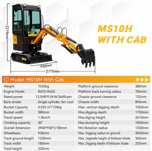 MS10H 1-Ton Mini Excavator with Cab – 13.5 HP Gasoline with Thumb Clip - Image 2