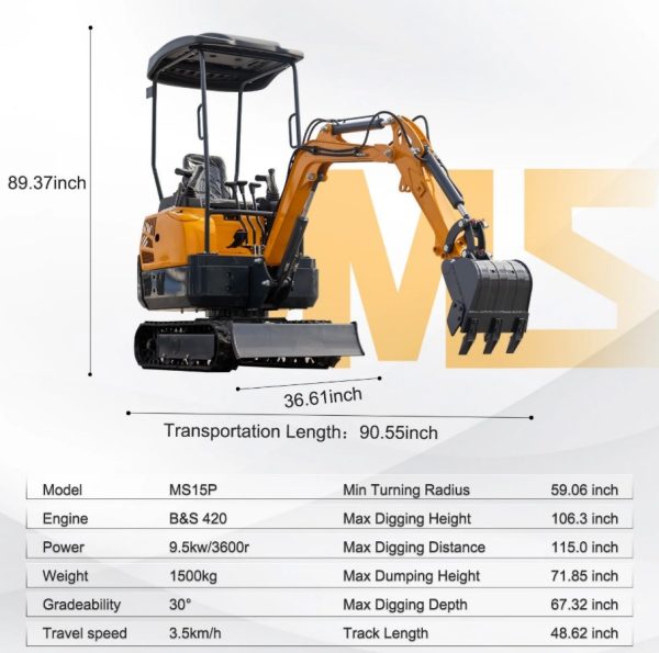 MS15PRO 1.5-Ton Mini Excavator – Briggs & Stratton 13.5 HP Gasoline - Image 2
